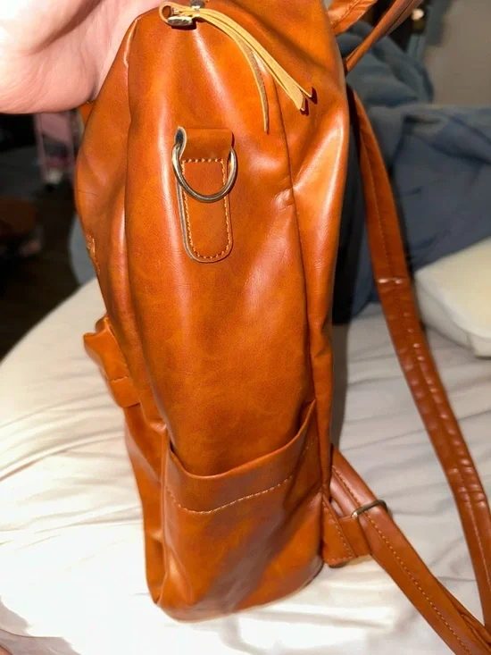 NWOT Amazon Cognac Brown Women’s Leather-Effect Backpack lots of pockets - Picture 7 of 11